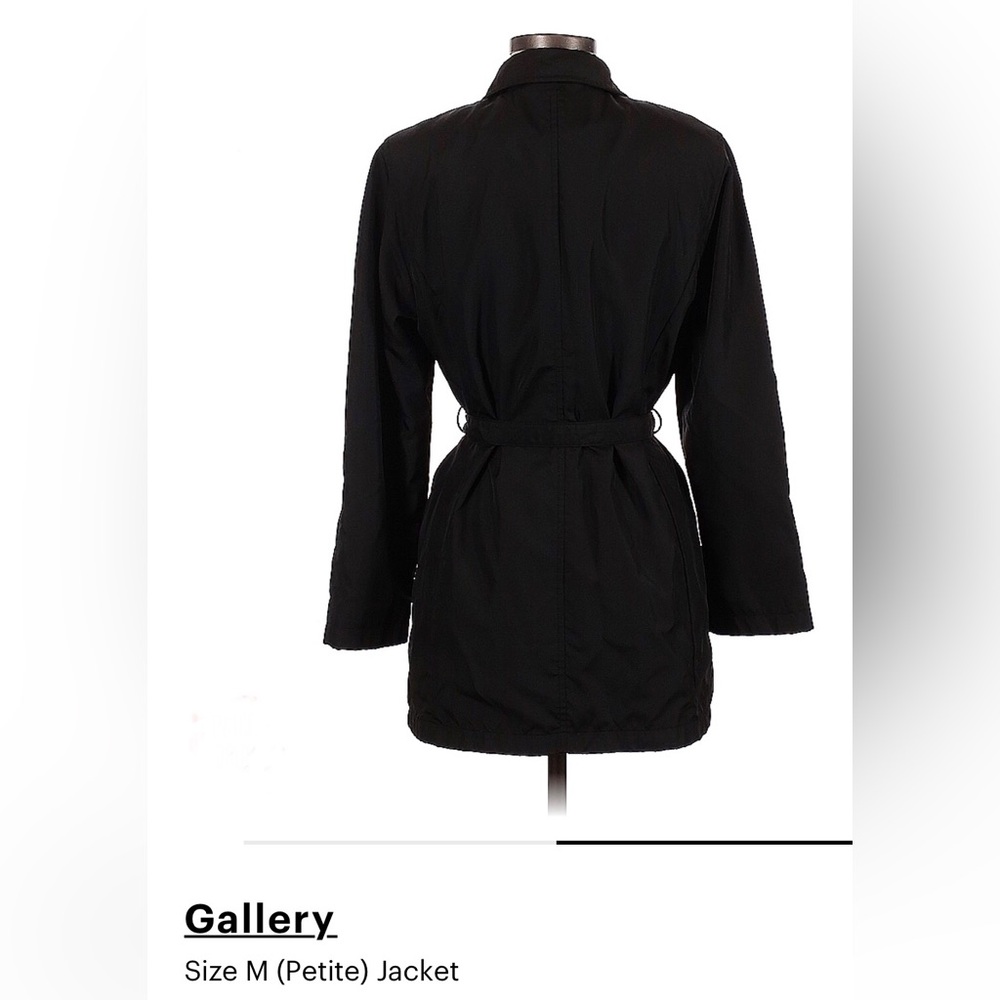 Gallery black, single breasted belted coat - sz Petite Medium - Picture 3 of 8